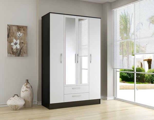 Lynx 4 Door 2 Drawer Wardrobe Black White Yappee